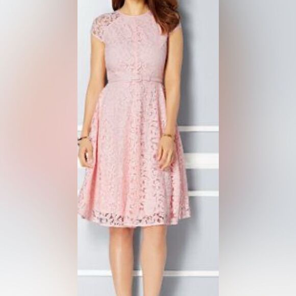 Eva Mendes New York Co Pink Lace A Line Flutter Short Sleeve Midi Dress Sz 4 - Picture 13 of 17